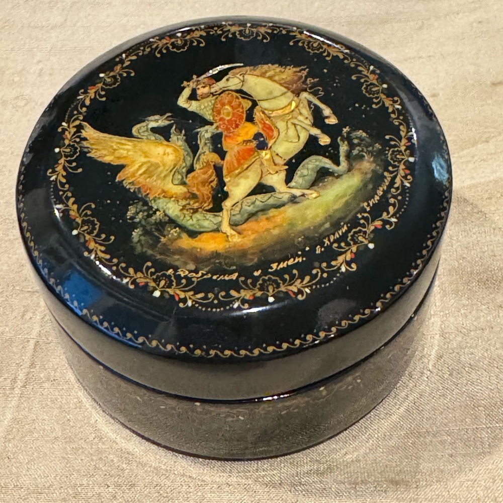 Vintage Signed Russian Lacquered Box Depicting St. George and the Dragon